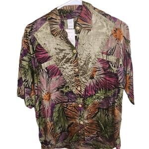 Nwt Ultimate Vntg Retro Satin Like Multicolored Flower Design Button Up Top Sz M